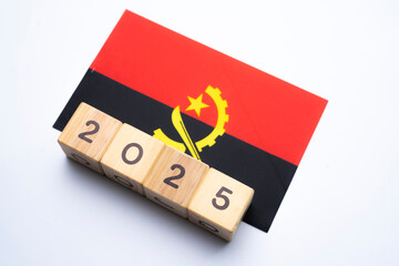 2025, Angola flag with date block, Concept, Important events for Angola the new year, election, economy, social activities, central bank, Angola foreign policy