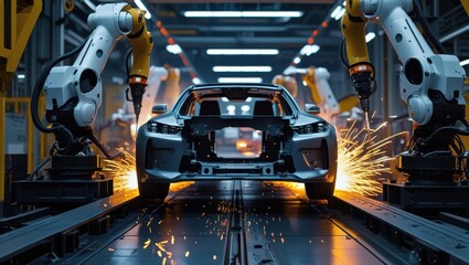 Fototapeta premium Robotic Arms Welding Car Chassis with Sparks Flying and Machinery Motion Blur Illustration 