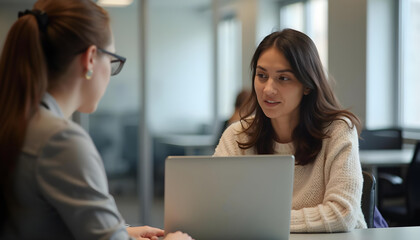 Casually dressed woman discussing ideas with colleague using laptop in modern office