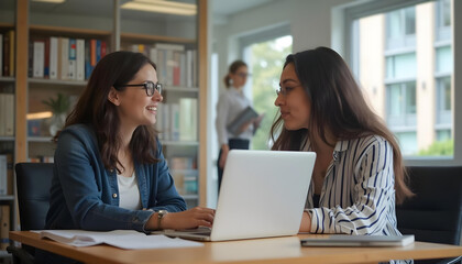 Casually dressed woman discussing ideas with colleague using laptop in modern office