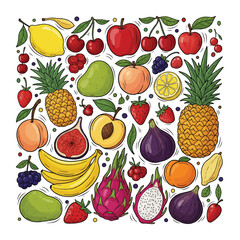 A vibrant vector illustration of a healthy fruit and berry collection, including apples, strawberries, oranges, lemons, pineapples, cherries, bananas, pears, kiwis, grapes, watermelons, and peaches