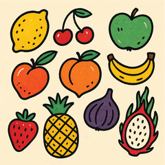 Hand Drawn Colorful Fruits and Berries – Fun Doodle Style Tropical Fruit Vector Set