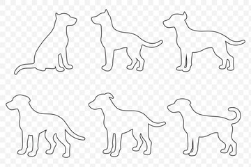 dog silhouette, vector, isolated black silhouette of a dog, collection in stroke on Transparent Background. EPS 10.
