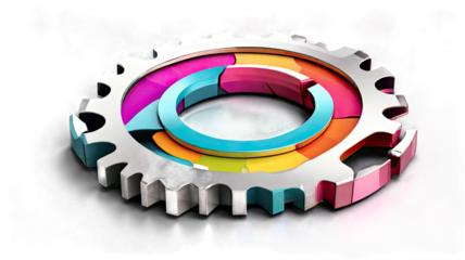 3 D Render Colorful Gear Icon Smooth Beveled Edges Silver Metal Gear Teeth Pink Purple Orange Yellow Teal Green Segments isolated on a transparent background