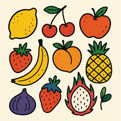 A vibrant vector collection of fresh fruit and berries, including apples, oranges, strawberries, cherries, lemons, pears, bananas, pineapples, grapes, watermelons, plums, and kiwis