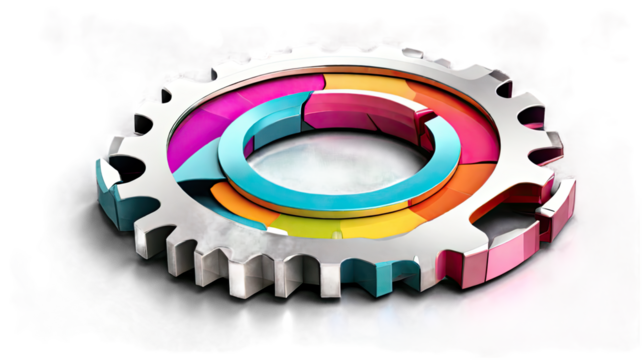 3 D Render Colorful Gear Icon Smooth Beveled Edges Silver Metal Gear Teeth Pink Purple Orange Yellow Teal Green Segments isolated on a transparent background - Powered by Adobe