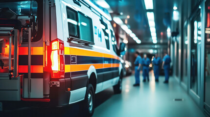 A medical emergency vehicle with flashing lights parked in a hospital hallway.