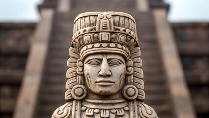 Ancient mayan stone carving near pyramid