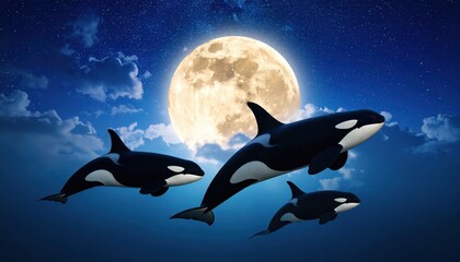 Killer whale, Three orcas swim under a bright full moon in a starry night sky.