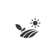 Organic Farming Farm Field Icon with Sun and Leaf Vector Silhouette Flat Icon Design