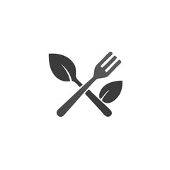 Minimal Waste Kitchen Fork and Spoon Crossed with Leaf Vector Silhouette Flat Icon Design