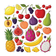 A vibrant vector collection of fresh fruit and berries, including apples, oranges, strawberries, cherries, lemons, pears, bananas, pineapples, grapes, watermelons, plums, and kiwis