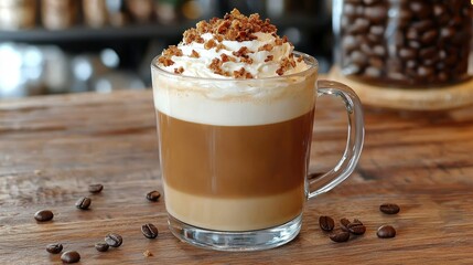 Layered coffee drink with whipped cream and crunchy topping in a clear glass mug