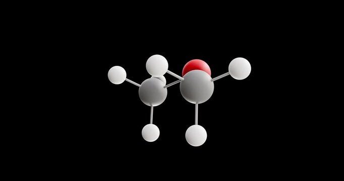 Dimethyl ether molecule, rotating 3D model of simplest ether, looped video on a black background
