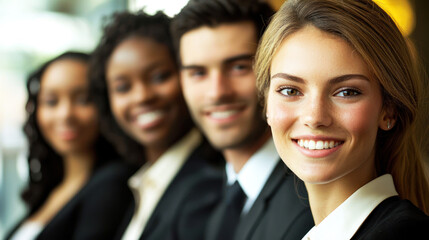 A diverse group of business professionals standing in a row, smiling and facing forward.