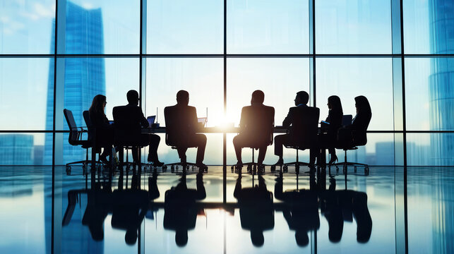 A group of business professionals sitting at a conference table in a modern office with large windows, discussing a project.