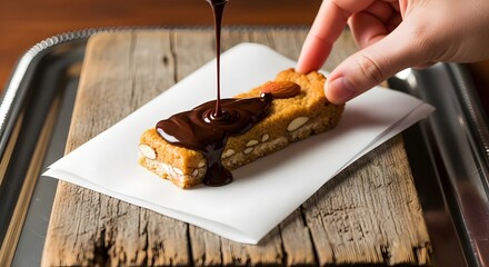 Pouring melted dark chocolate on a homemade almond protein bar
