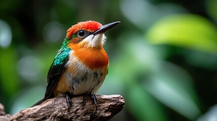 Fototapeta premium A colorful kingfisher poses on a branch amidst lush greenery, showcasing its striking plumage and vibrant colors in a beautifully blurred natural background.