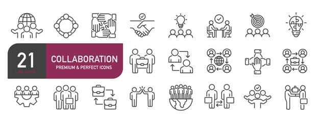 Set of line icons related to collaboration, teamwork, partnership, leadership. Outline icons collection. Editable stroke. Vector illustration