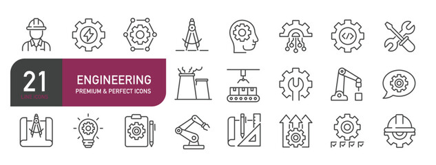 Set of line icons related to engineering, manufacturing, factory, process. Outline icons collection. Editable stroke. Vector illustration