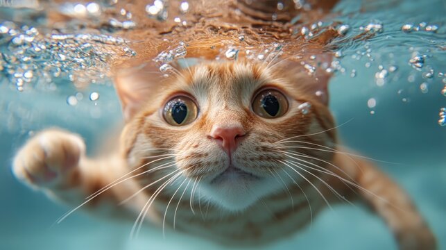 An inquisitive orange cat swims energetically beneath a shimmering water surface, captivating viewers with its playful essence and highlighting the allure of feline curiosity.