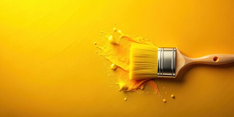 A vibrant yellow paintbrush rests on a freshly painted surface, leaving a trail of bright, bold color and texture.