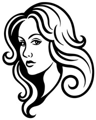 Fashionable illustration of a woman with long, curly black hair, showcasing her beautiful face and glamorous style