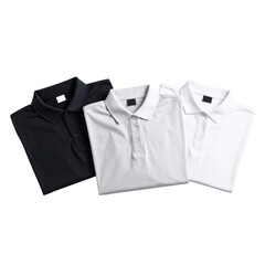 Three folded polo shirts in white, gray, and black, ideal for showcasing clothing options, apparel store promotions, or fashion presentations.