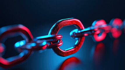 Close up view of metallic chain link, showcasing its intricate design and texture, illuminated with vibrant red and blue