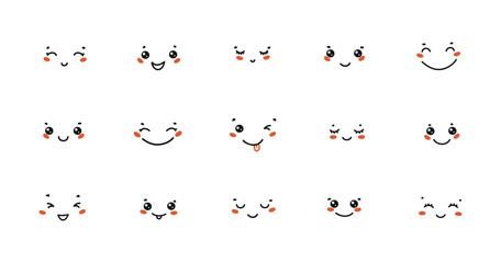 Set of Cute Facial Expressions in Kawaii Style Vector Doodles illustration