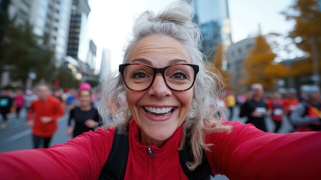 A cheerful older woman, wearing glasses and a bright red jacket, smiles widely in a marathon setting, highlighting the joy and spirit of community in physical fitness activities.
