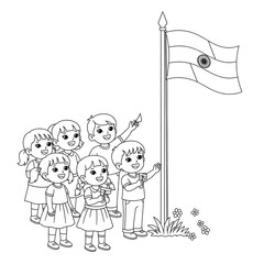 Indian independence day coloring page for kids patriotic celebration flag hoisting drawing on transparent background