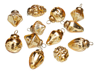 Various golden glass balls with hanging loops for party decoration cut out isolated transparent background