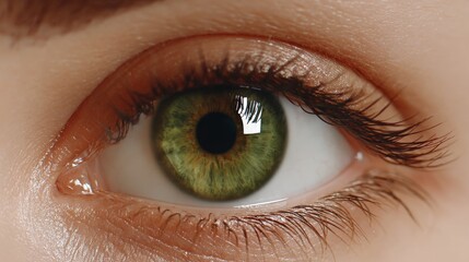 Naklejka premium Close-up of a human eye with green iris and detailed eyelashes