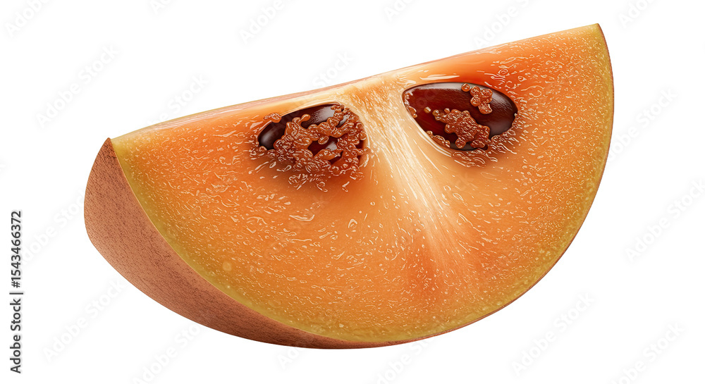 Poster a vibrant close-up of a sapodilla fruit slice isolated on a solid black background