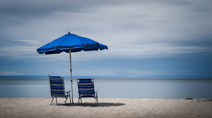 Beach chairs under an umbrella, soft light on sand. Peaceful summer escape by the ocean.