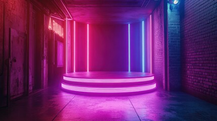 Neon-lit platform in a gritty alleyway