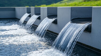 A run-of-river hydroelectric project with small turbines integrated into a natural river flow, demonstrating low-impact hydropower and localized green energy solutions.