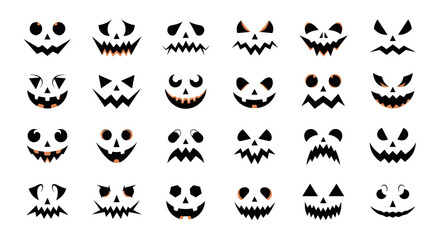 Fototapeta premium Collection of Spooky Jack-O'-Lantern Faces with Various Expressions and Bright Colors