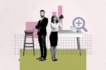 Creative art sketch photo collage of happy businesswoman businessman sit indoor office table...