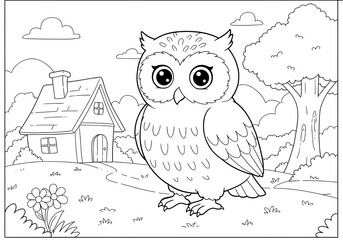 Coloring pages. cartoon owl with village theme coloring page. easy coloring page for kids. ready to print on standard A4 or 8.5x11 inch paper.