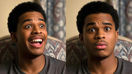 Black man showing extreme joy and sadness facial expressions sitting on sofa indoors