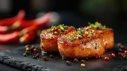This image showcases three perfectly grilled steak medallions, surrounded by vibrant spices and garnished for a feast, appealing to food lovers and culinary enthusiasts.