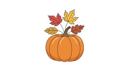 Autumn Pumpkin Illustration with Red Yellow and Brown Fall Leaves on White Background For Harvest Season Celebrations