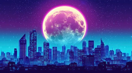 Cityscape silhouette with large moon at night