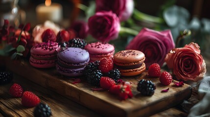 Vibrant Macarons with Dark Roses and Mixed Berries on Wooden Plate perfect for luxury dessert branding, Valentine's Day ads, elegant party flyers, and romantic patisserie promotions