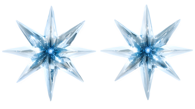 Photorealistic bokeh overlay with sharp, star-shaped light points, festive or magical effect, cool blue and silver colors, high resolution, isolated on Transparent background