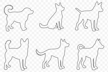 dog silhouette, vector, isolated black silhouette of a dog, collection in stroke on Transparent Background. EPS 10.