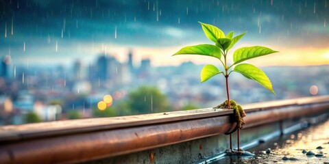 A resilient sprout emerges from a rooftop gutter, thriving amidst a gentle rain shower over a blurred cityscape at sunset.