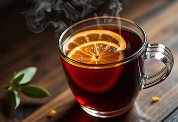 Steaming cup of black tea with slices of fresh orange, citrus zest visible,   mug,  refreshment